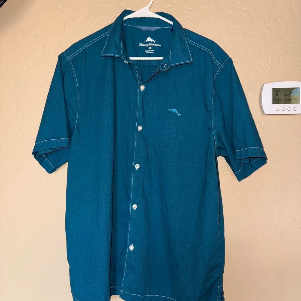 Men's L Tommy Bahama Dark Aqua Blue Camp Shirt